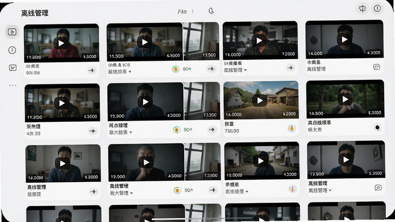 主体为视频列表管理界面,布局呈现清晰的网格状视频封面缩略图,排版整齐有序,风格为简约UI设计,细节展示每个视频卡片上的时长标签与断点续播标记,画质清晰,干净,无多余元素,文字“离线管理”清晰可见,iOS风格界面但适配安卓圆角
