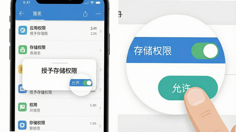 主体为手机设置界面与权限管理弹窗的特写,布局左侧为手机屏幕显示应用权限列表,右侧为放大的“存储权限”开关按钮,排版清晰直观,风格为教程示意图,细节展示手指点击“允许”按钮的动作,画质清晰,干净,无多余元素,文字“授予存储权限”清晰可见,扁平化设计风格