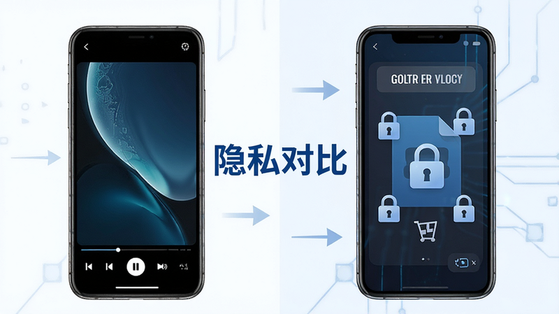 主体为手机屏幕对比图,布局左侧显示普通播放器界面,右侧显示全能隐私视频播放器的加密锁界面,排版对比鲜明,风格为评测示意图,细节展示右侧界面中文件被锁图标覆盖的状态,画质高清,干净,无多余元素,文字“隐私对比”清晰可见,科技蓝配色