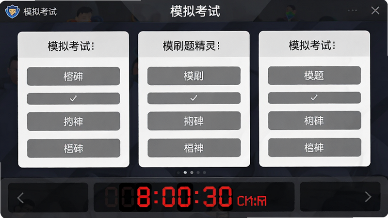 主体为驾考刷题精灵的模拟考试界面,布局呈现全屏试题卡片与底部倒计时条,排版紧凑,风格为严肃专业的考试氛围,细节包含红色的倒计时数字与灰色的选项按钮,画质高清,图片中文字显示为