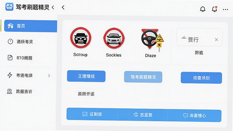 主体为驾考刷题精灵APP的主界面截图,布局采用左侧边栏导航与右侧内容区,排版整洁有序,风格为扁平化现代UI设计,细节包含高清交通标志图标与清晰的功能按钮,画质清晰干净无多余元素,图片中文字显示为