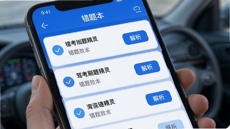 主体为驾考刷题精灵的错题本功能界面,布局为列表式展示,排版清晰易读,风格为科技感蓝色调,细节包含错题的解析按钮与标记图标,画质细腻,图片中文字显示为