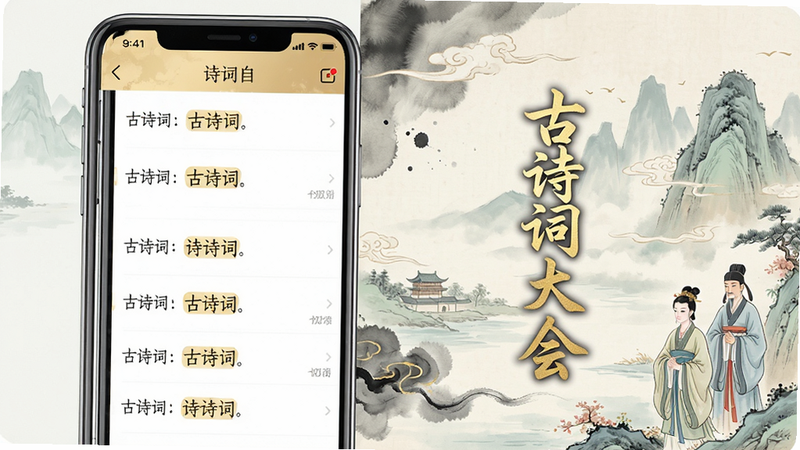 ����Ϊ�ֻ���Ļ��ʾ��ʫ�ʴ��APP���棬����Ϊ����ȫ��չʾ���Ű����������Ϊʫ���б����Ҳ�Ϊ�����ŷ�廭���������Ϊ���µ��ŵ��й��磬ϸ�ڴ��ɼ�ˮī��ȾЧ�����ɫ���ָ��������ʸ��壬�ɾ����޶���Ԫ�أ��������ݰ���