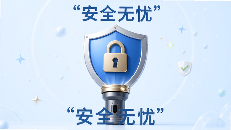 主体为手机安全盾牌图标与手电筒结合,布局中心对称,背景浅蓝,排版清晰,风格信任感,细节展示锁形图标,画质精致,干净,无多余元素,文字加引号“安全无忧”