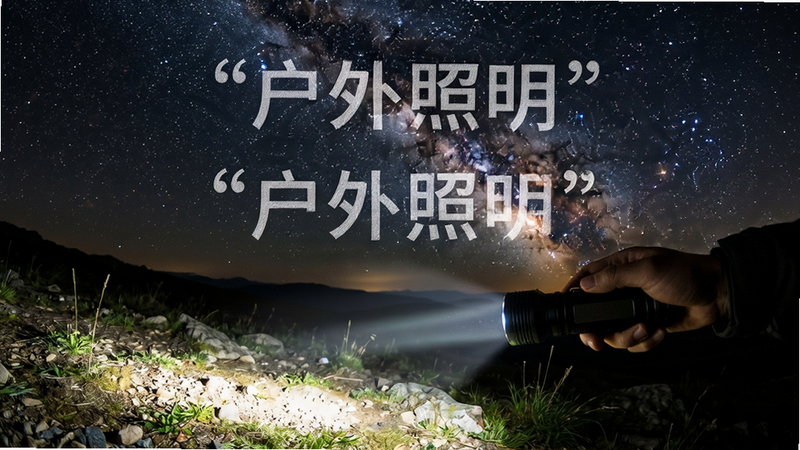 主体为手机在户外夜间使用手电筒的场景,布局广角,背景星空,排版自然,风格写实,细节展示光束照亮地面,画质逼真,干净,无多余元素,文字加引号“户外照明”