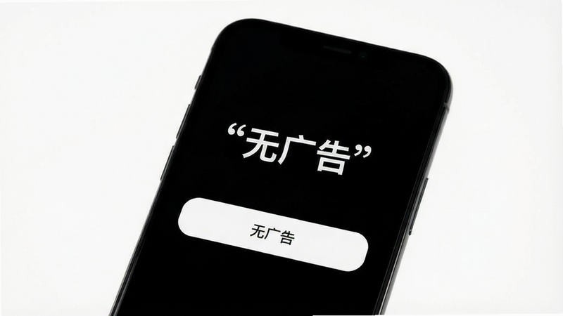 主体为手机界面展示纯净无广告状态,布局留白充足,背景纯黑,排版极简,风格清新,细节突出按钮的简洁设计,画质平滑,干净,无多余元素,文字加引号“无广告”