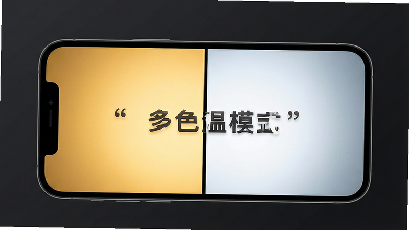主体为手机屏幕分屏显示暖黄光与冷白光对比,布局对称,背景深灰,排版直观,风格简约,细节展示两种光色的区别,画质清晰,干净,无多余元素,文字加引号“多色温模式”