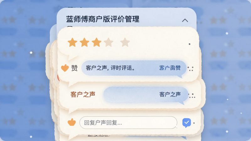 展示蓝师傅商户版评价管理页面,主体为星级评分与评论气泡,布局为卡片式堆叠,排版温馨友好,风格柔和色调,细节显示点赞图标与回复输入框,画质细腻,文字“客户之声”