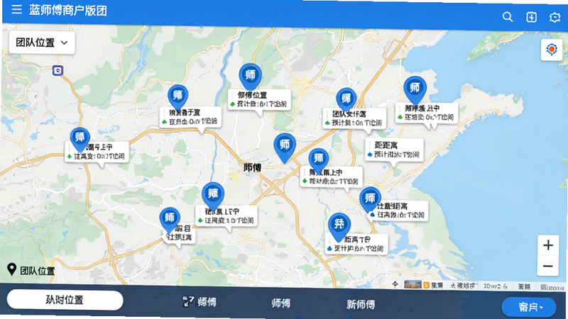 展示蓝师傅商户版团队管理页面,主体为地图定位界面,多个蓝色图标代表师傅位置,布局为全屏地图加底部操作栏,排版直观,风格地理信息可视化,细节显示距离与预计到达时间,画质清晰,文字“团队位置”