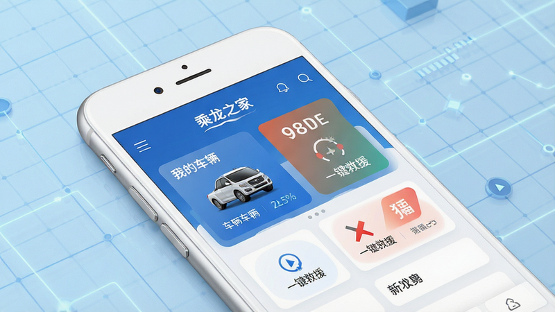 主体为一部白色智能手机,屏幕显示“乘龙之家”APP首页界面,背景为简洁的浅蓝色科技感网格,布局清晰,顶部有导航栏,中间突出显示车辆状态卡片和快捷服务入口,排版整齐,风格现代简约,细节处体现金属质感边框,画质高清,干净无多余元素,文字包含“乘龙之家”、“我的车辆”、“一键救援”