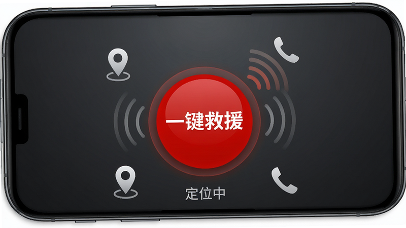 主体为手机屏幕显示“一键救援”按钮,按钮为醒目的红色圆形,周围环绕定位图标和电话图标,背景为深灰色渐变,布局中心突出,风格紧急且专业,细节显示信号波纹动画效果,画质高保真,干净,文字包含“紧急救援”、“定位中”