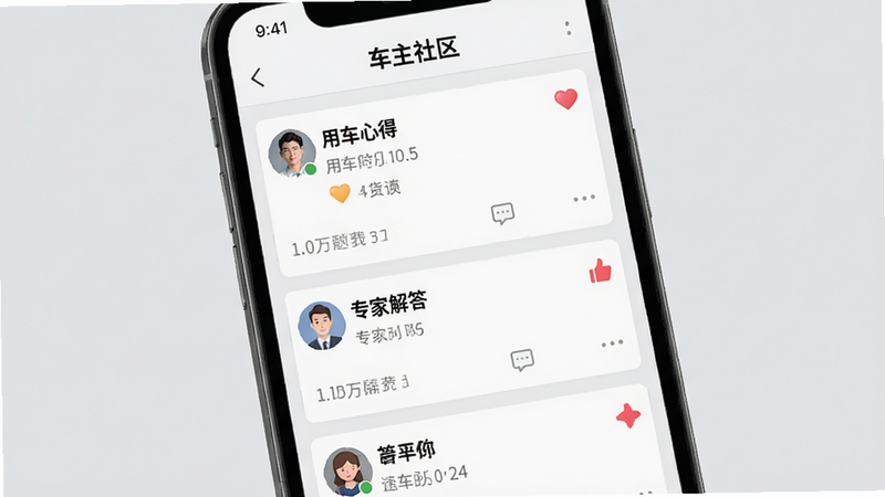 主体为手机屏幕显示“车主社区”页面,包含帖子列表、点赞图标、评论气泡,背景为浅灰色,布局为垂直滚动列表,风格社交化且亲切,细节显示用户头像和发布时间,画质高清,干净,文字包含“用车心得”、“专家解答”