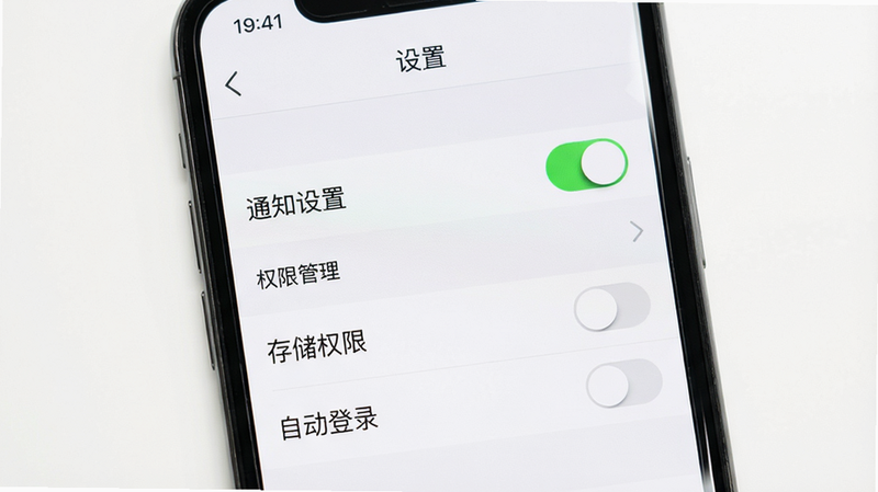 主体为手机屏幕显示“设置”页面,包含通知开关、存储权限、自动登录选项,背景为白色,布局为列表形式,风格简洁清晰,细节显示开关滑块状态,画质高清,干净,文字包含“通知设置”、“权限管理”