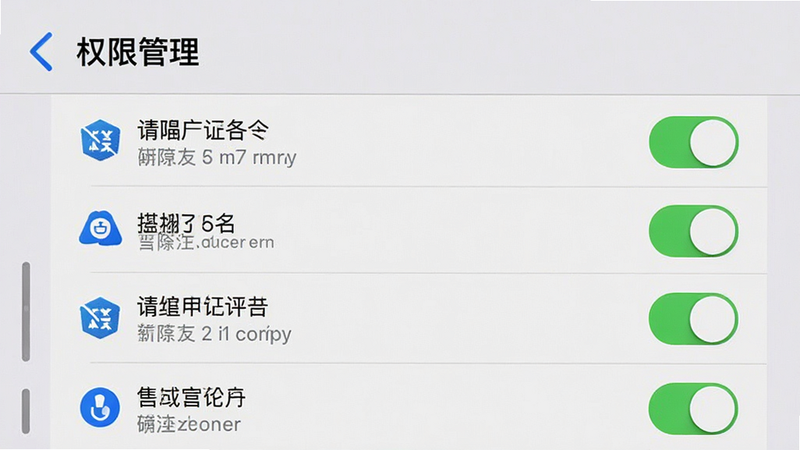 主体为手机操作界面截图,显示“权限管理”设置项,布局为垂直列表,开关状态清晰,排版简洁,风格系统原生感,细节处有权限图标,画质清晰,干净,无多余元素,背景为浅灰色