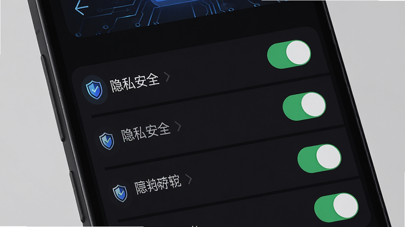 主体为手机设置界面,显示“隐私安全”选项,布局为列表形式,开关按钮清晰可见,排版简洁明了,风格科技感强,细节处有盾牌图标表示安全,画质锐利,干净,无多余元素,深色模式背景