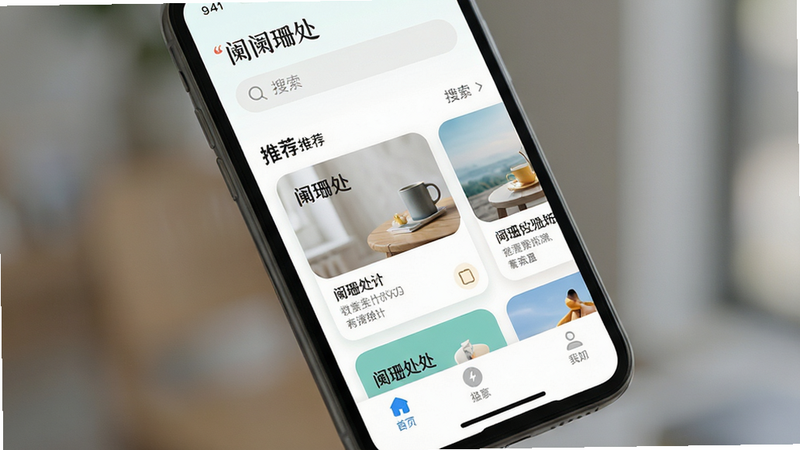主体为智能手机屏幕特写,显示“阑珊处”应用首页,布局整洁,顶部为搜索栏,中部为推荐卡片流,底部为导航栏,排版清晰有序,风格清新简约,细节处体现UI圆角设计,画质高清,干净,无多余元素,背景虚化,突出屏幕内容
