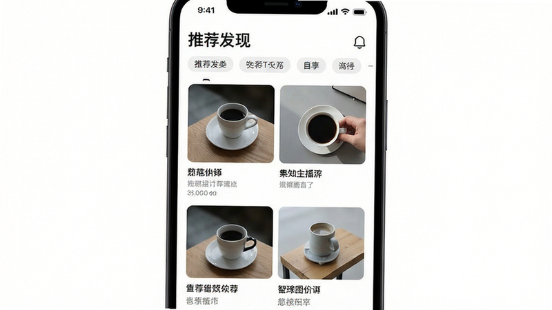 主体为手机界面展示“推荐发现”页面,布局为双列网格,图片与文字比例协调,排版规整,风格现代简约,细节处有分类标签筛选栏,画质清晰,干净,无多余元素,背景为纯白,突出内容主体