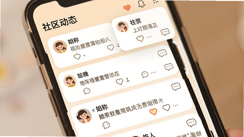 主体为手机界面展示“社区动态”模块,布局为瀑布流式卡片,每张卡片包含头像、昵称及简短文字,排版疏密有致,风格温馨柔和,细节处有点赞图标和评论气泡,画质细腻,干净,无多余元素,色彩以暖色调为主