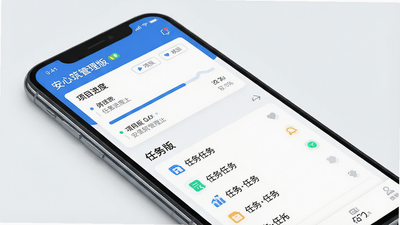 一张展示安心筑管理版应用界面的概念图,主体为手机屏幕,显示清晰的项目进度仪表盘和任务列表,布局简洁现代,采用蓝白配色风格,细节处包含图标化的任务状态标记,画质高清,干净,无多余元素,文字包含