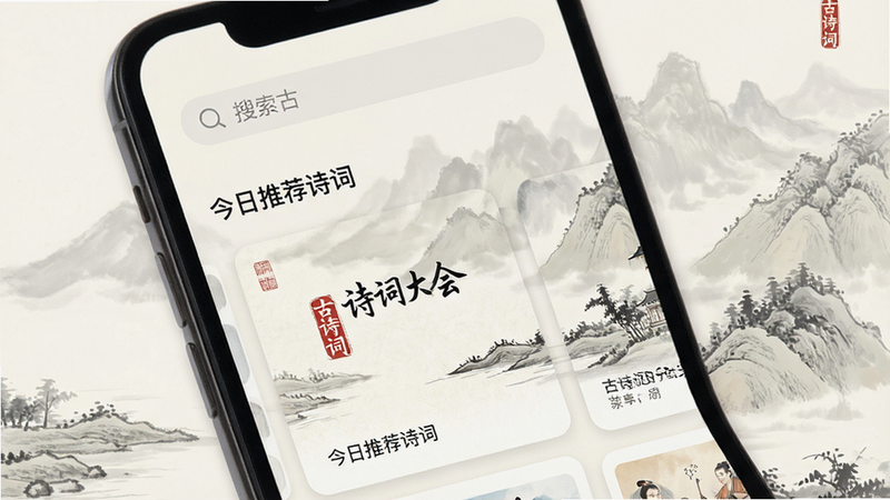 主体为手机屏幕展示古诗词大会APP界面,布局清晰,顶部是搜索栏,中间是今日推荐诗词卡片,背景为淡雅水墨山水风格,排版整洁,字体清晰,细节丰富,画质高清,干净,无多余元素,文字包含