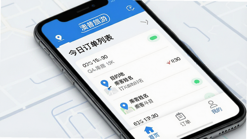 一张展示澳普旅游司机端APP界面的高清概念图,主体为手机屏幕,显示着“澳普旅游”Logo和清晰的“今日订单列表”界面,包含时间、目的地、乘客姓名等关键信息。布局采用扁平化设计,顶部导航栏简洁,底部为“首页”、“订单”、“我的”三个主要Tab。风格为现代科技商务风,色调以清爽的蓝白色为主,突出专业与高效。细节处可见地图定位图标和在线状态标识。画质4K高清,干净无多余元素,无水印。