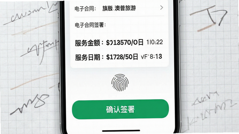 展示“澳普旅游”APP内的电子合同签署界面。屏幕显示一份简化的合同摘要,关键条款如“服务金额”、“服务日期”用加粗字体突出。底部有一个醒目的绿色按钮,文字为“确认签署”。布局采用上下结构,上方为合同信息,下方为操作区。风格为严肃专业的商务风,背景为浅灰色网格纸纹理,象征正式文件。细节包括指纹识别图标,暗示生物识别签约。画质清晰,文字可读性强,无干扰元素。