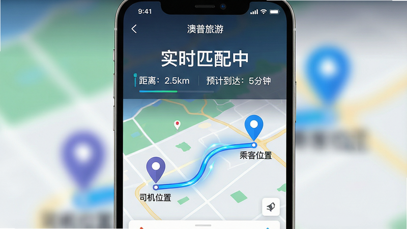 手机APP界面特写,展示“澳普旅游”的订单匹配页面。屏幕中央显示一个动态的地图背景,上面有两个定位点,分别是“司机位置”和“乘客位置”,中间有一条蓝色的路线连接。顶部有大字标题“实时匹配中”,下方显示“距离:2.5km”和“预计到达:5分钟”。布局清晰,重点突出距离和时间。风格为极简主义,背景虚化以突出文字信息。细节包括路线的流动光效。画质高清,色彩鲜明,无杂乱背景。