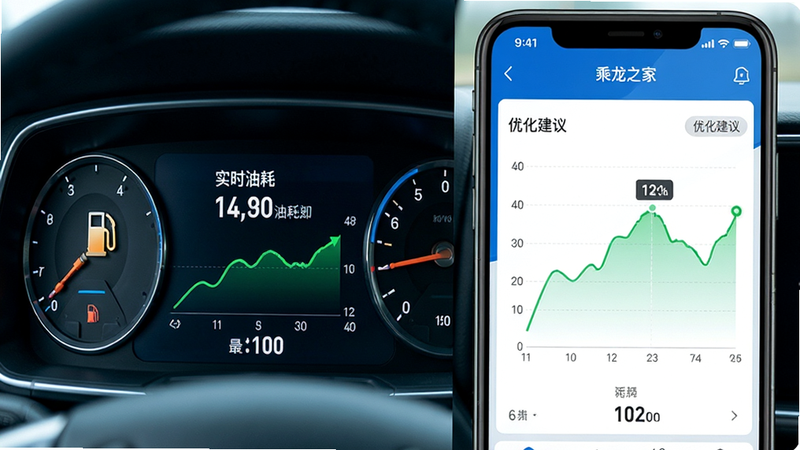 主体为车载仪表盘与手机屏幕同步显示油耗数据,布局左右分屏,左侧为卡车仪表盘特写,右侧为手机App油耗曲线图,排版紧凑,风格科技感蓝色调,细节包含燃油泵图标、绿色折线图、白色数字,画质清晰,干净,无多余元素,文字包含