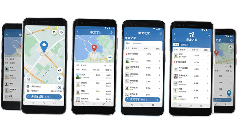 主体为多部不同品牌的安卓手机并排展示乘龙之家App运行界面,布局横向排列,排版整齐,风格商务简约,细节包含手机屏幕上的地图定位、列表数据、白色边框,画质高清,干净,无多余元素,文字包含