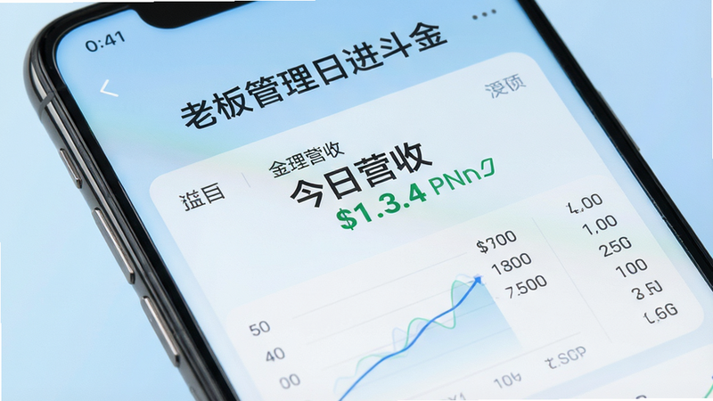 一张展示安卓手机屏幕的高清特写,屏幕中央显示“老板管理日进斗金”APP的主界面,界面设计简洁现代,包含清晰的收支图表和“今日营收”大字标题,背景为柔和的浅蓝色渐变,突出商业专业感,无多余装饰,画质清晰,细节丰富