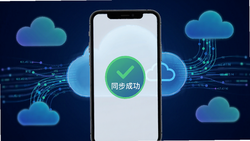 云服务同步概念图,手机屏幕显示“同步成功”图标,背景为抽象的云朵与数据流线条,象征数据安全与便捷,色调科技感强,简洁大方,突出“云备份”核心概念