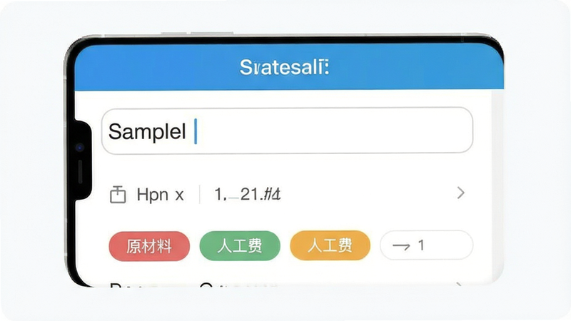 手机界面示意图,展示“添加支出”页面,包含金额输入框、日期选择器及分类标签如“原材料”、“人工费”,界面风格扁平化,色彩明快,突出操作便捷性,文字清晰可读,背景干净