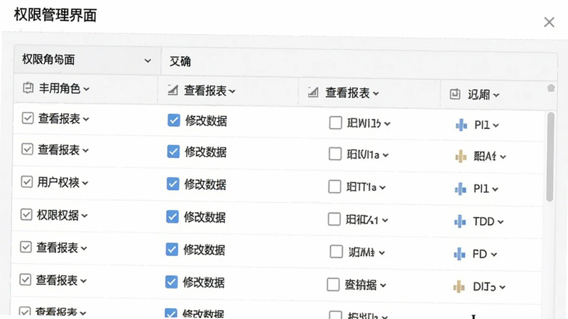 权限管理界面截图,列表展示不同用户角色及其对应的权限勾选框,如“查看报表”、“修改数据”,界面清晰,逻辑分明,体现专业化管理细节,背景简洁,无干扰信息