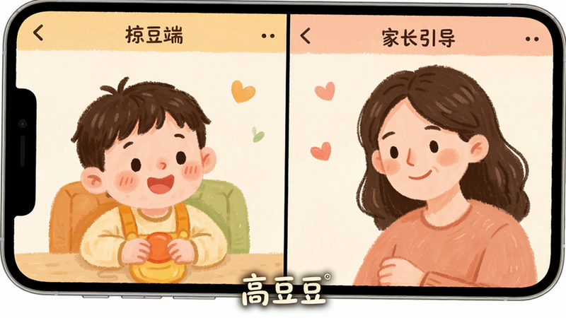 主体为高豆豆APP内的亲子互动页面,布局为分屏显示,一侧是孩子端,一侧是家长引导端,风格为温馨手绘风,色调柔和,细节表现人物表情生动,画质细腻,干净无多余元素,文字“高豆豆”在底部标识
