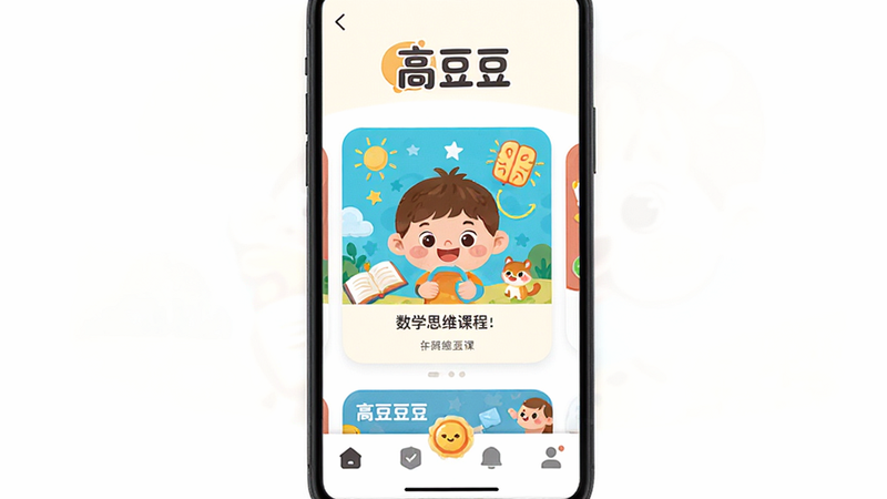 主体为手机屏幕界面,展示高豆豆APP首页,布局清晰,顶部为“高豆豆”Logo,中间是卡通风格的数学思维课程入口卡片,底部为导航栏,风格为扁平化儿童插画风,色彩明亮温馨,细节丰富,画质高清,干净无多余元素,文字“高豆豆”清晰可见