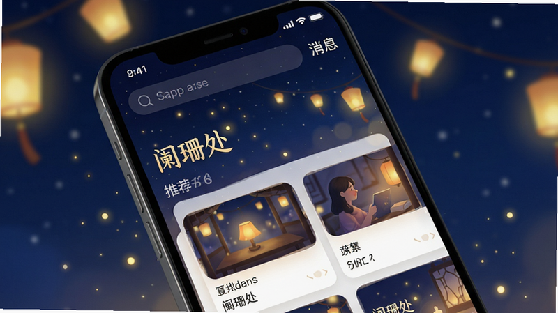 主体为手机屏幕展示“阑珊处”App首页,界面采用深蓝色夜空背景,点缀着朦胧的暖黄色灯火元素,布局简洁优雅,顶部为搜索栏与消息入口,中部为推荐卡片流,排版清晰有序,风格温馨治愈,细节处有微光粒子特效,画质高清,干净无多余元素,文字“阑珊处”清晰可见