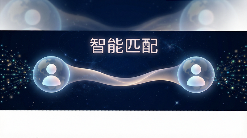 主体为抽象概念图,两个发光的球形代表用户,中间由一条柔和的光带连接,背景为深空蓝,布局对称平衡,排版留白充足,风格科技感与人文感结合,细节展示数据流动的光点,画质细腻,干净,文字“智能匹配”以柔和字体悬浮于中央