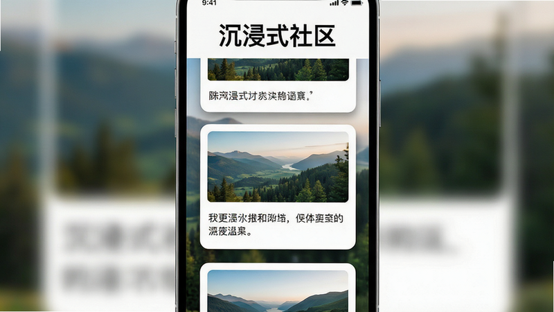 主体为手机界面截图风格,展示瀑布流卡片布局,卡片内容包含风景照、文字摘录,背景虚化处理突出前景卡片,布局错落有致,排版现代简约,风格清新自然,细节处有阴影增加层次感,画质清晰,干净,文字“沉浸式社区”作为标题位于顶部
