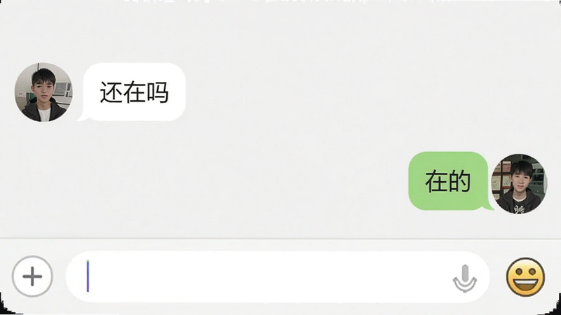 转手二手交易聊天界面预览,显示对话气泡,左侧为买家询问“还在吗”,右侧为卖家回复“在的”,底部为输入框和表情按钮,界面清爽,字体清晰,背景浅色,高清无噪点