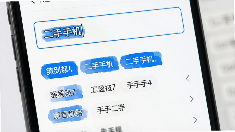 转手二手交易搜索界面示意图,显示输入框内文字“二手手机”,下方列出相关联想词,界面简洁,白色背景,蓝色高亮关键词,UI设计现代,高清细节,无多余装饰