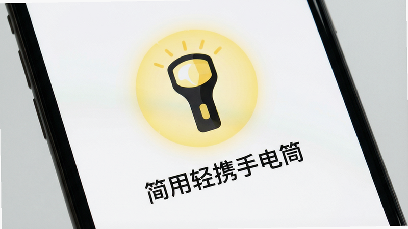 一张高清手机屏幕特写,主体为白色背景,中央显示一个巨大的、发着柔和黄光的圆形手电筒图标,图标下方有清晰的黑色文字“简用轻携手电筒”,整体风格极简、现代、扁平化设计,无多余装饰元素,画质清晰,干净,无水印,8k分辨率