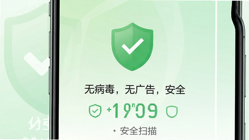 手机界面截图,显示安全扫描结果,绿色盾牌图标,文字“无病毒,无广告,安全”,背景为浅绿色渐变,风格专业、可信,清晰展示安全评分,干净,无水印,4k画质