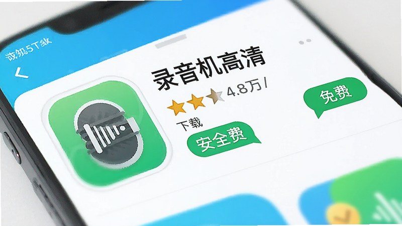 手机应用商店界面,显示“录音机高清”应用详情页,评分4.8星,下载量显示为百万级,界面整洁,突出“安全”和“免费”标签,扁平化UI设计,色彩明亮,高清渲染