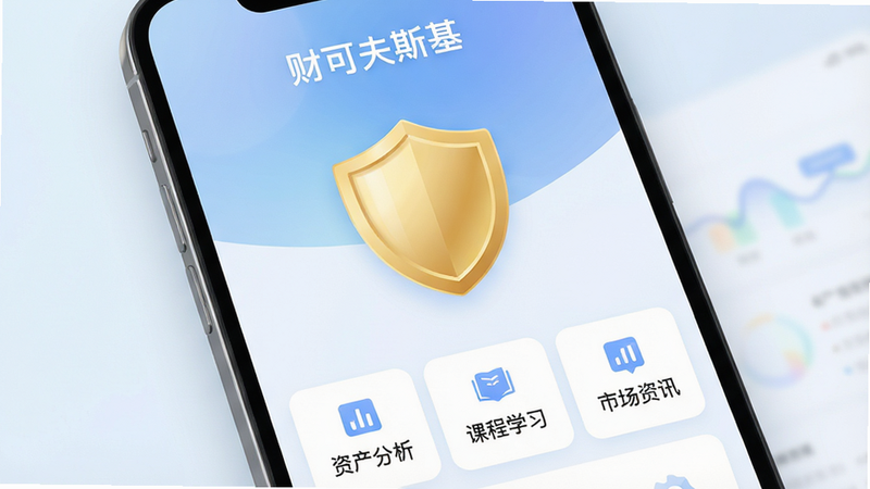 一张高清的智能手机屏幕特写图,手机屏幕上显示着“财可夫斯基”APP的主界面,背景是柔和的蓝白色渐变,界面中央有一个醒目的金色盾牌图标象征安全,下方排列着“资产分析”、“课程学习”、“市场资讯”三个主要功能模块,整体风格现代、专业、简洁,无多余水印,4k高清画质