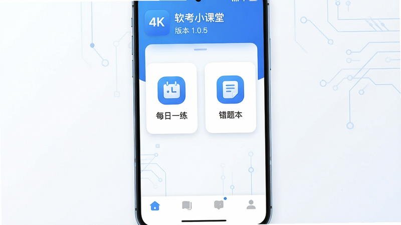 主体为“软考小课堂”安卓APP高清界面预览,布局采用居中卡片式设计,顶部显示应用名称与版本号1.0.5,中部展示“每日一练”与“错题本”两个核心功能入口图标,底部为简洁的导航栏,整体风格为极简科技蓝白配色,细节包含微阴影效果与圆角矩形按钮,画质4k,干净无多余元素,文字清晰可读