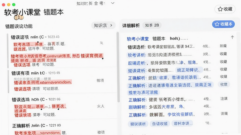 主体为“软考小课堂”错题本功能界面截图,布局左侧为题目列表,右侧为详细解析面板,排版清晰,包含红色高亮的错误选项标记与蓝色正确解析文字,风格专业严谨,细节显示知识点标签与收藏按钮,画质高清,背景纯白,无干扰元素