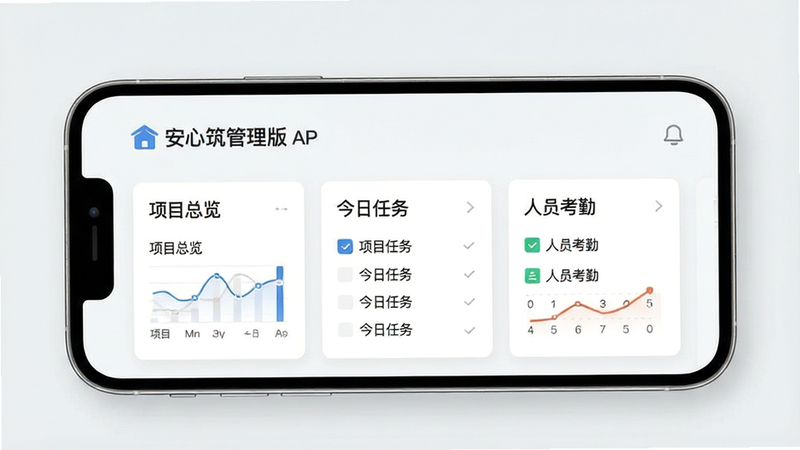 一张现代简约风格的软件界面展示图,主体为手机屏幕,显示“安心筑管理版”APP首页,界面包含“项目总览”、“今日任务”、“人员考勤”三个核心模块卡片,背景为浅灰色,布局清晰,排版整洁,扁平化设计,高清画质,无多余装饰元素