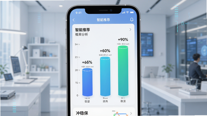 生成一张载望志愿智能匹配功能示意图,主体为手机界面,布局展示“冲稳保”三个柱状图,排版整齐,风格科技感,细节显示百分比概率数据,文字包含“智能推荐”、“概率分析”,画质清晰,干净,无多余元素