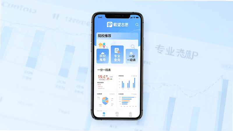 生成一张载望志愿APP的首页全景图,主体为手机屏幕界面,布局清晰,顶部显示“载望志愿”Logo,中间展示“院校推荐”、“专业查询”、“一分一段表”等核心功能入口,背景为浅蓝色渐变,风格简约现代,细节包含数据图表元素,画质高清,干净,无多余元素