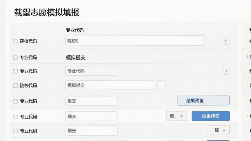 生成一张载望志愿模拟填报界面图,主体为表单填写页,布局为标准列表,风格严肃白,细节显示“院校代码”、“专业代码”输入框,文字包含“模拟提交”、“结果预览”,画质高清,干净,无多余元素